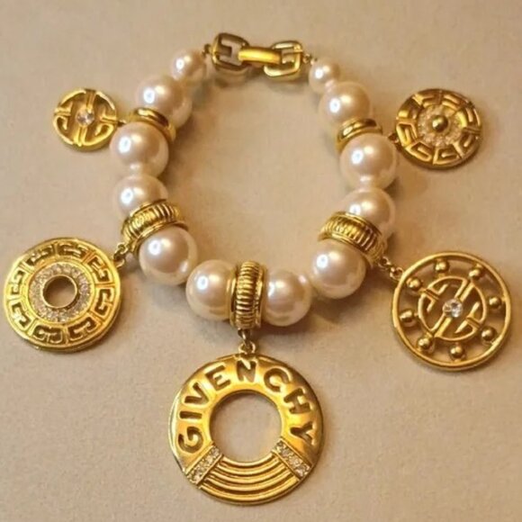 Givenchy Vintage Logo Charms Crystal Faux Pearl Bracelet - Picture 1 of 17